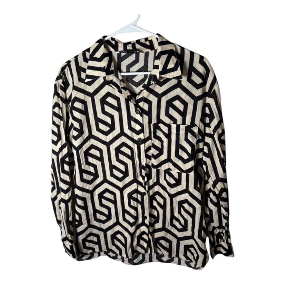 Zara Shirt Women's Large Button Up Printed Long Sleeve Collared Casual Top
